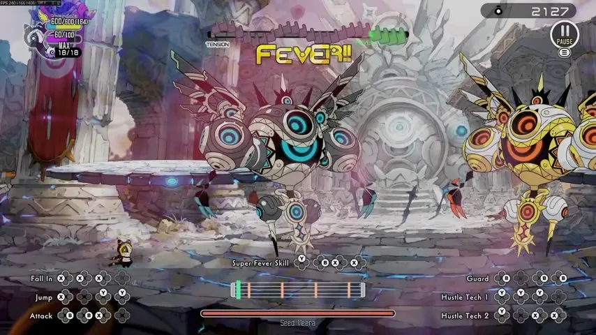 Ratatan bosses blue and golden constructs beside the arena platform