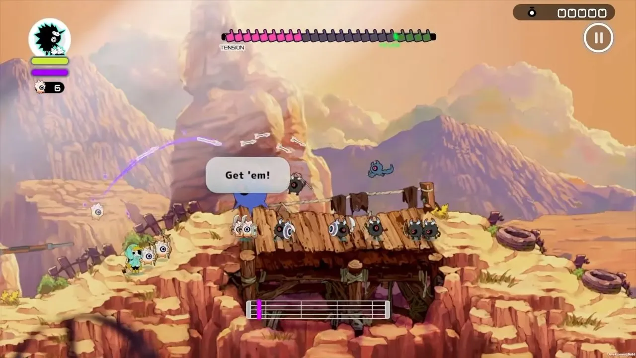Ratatan Switch canyon battle with Cobun on a wooden bridge and a Get 'em! speech bubble