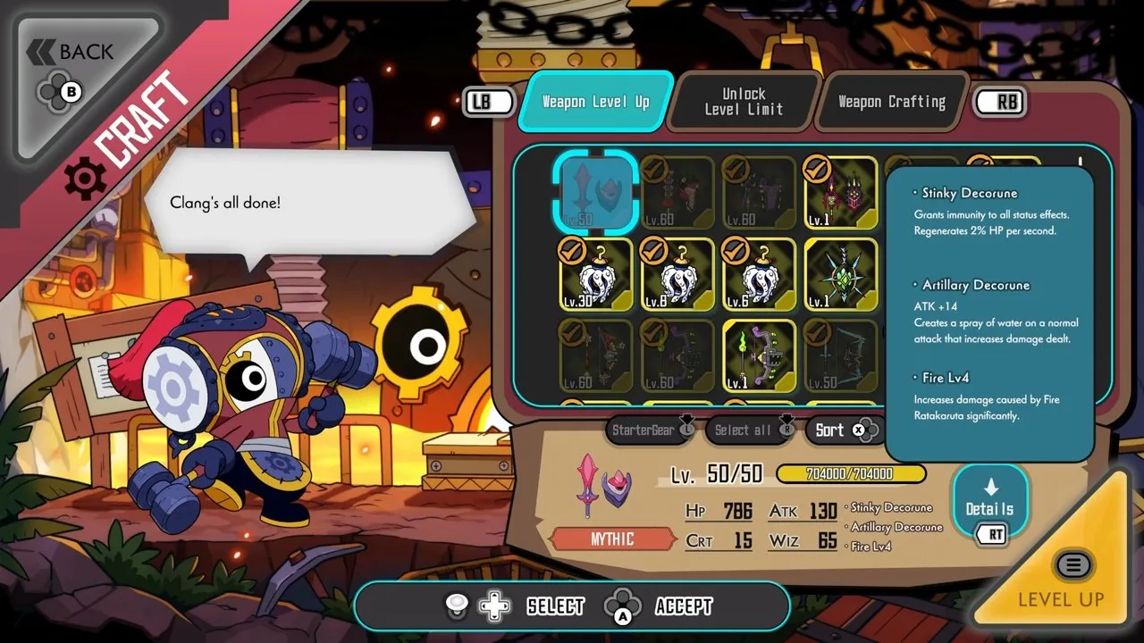 Ratatan weapons Craft menu at Clang's smithy with Weapon Level Up, Unlock Level Limit and Weapon Crafting tabs